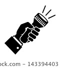 Black Silhouette Hand Holding Flashlight Icon on White Background Simple Design 143394403