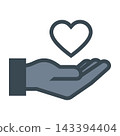 Heart icon held in palm of hand symbolizing charity 143394404
