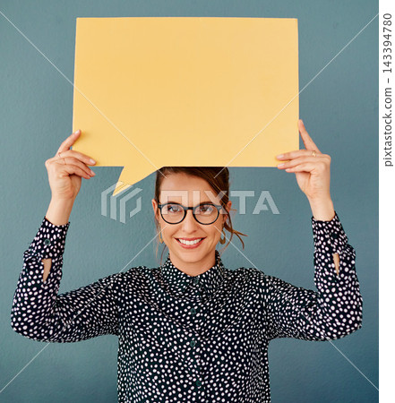 Portrait, space and speech bubble with business woman in studio on blue background for information. Advertising, marketing or mockup and employee with information on poster for news or social media Portrait, space and speech bubble with business woman in studio on blue background for information. Advertising, marketing or mockup and employee with information on poster for news or social media 143394780