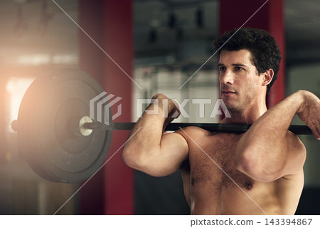 Weightlifting, barbell and serious man in gym for workout, bodybuilder training and intense exercise. Fitness, sports and person lift heavy weights for strength, muscles and strong arms for challenge Weightlifting, barbell and serious man in gym for workout, bodybuilder training and intense exercise. Fitness, sports and person lift heavy weights for strength, muscles and strong arms for challenge 143394867