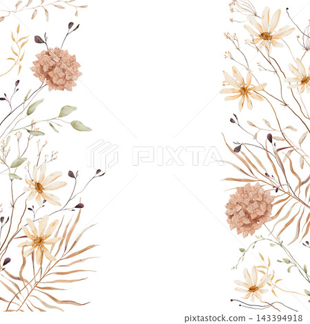 Hand painted watercolor vertical side borders of cream daisy flowers, rust hydrangea clusters, dried grasses and dark seed pods in warm terracotta ochre palette on white background with copy space 143394918