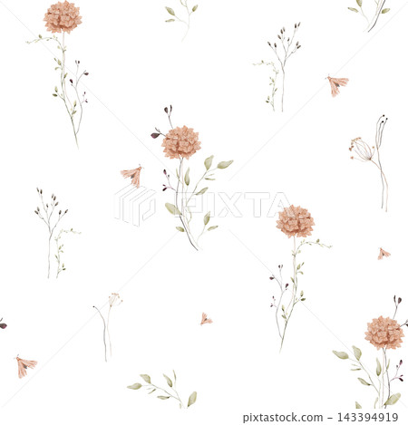 Hand painted watercolor seamless pattern of rust and terracotta hydrangea branches, ochre leaves, mustard seed pods, twigs and delicate moths in warm autumn earthy tones on white background. Hand painted watercolor seamless pattern of rust and terracotta hydrangea branches, ochre leaves, mustard seed pods, twigs and delicate moths in warm autumn earthy tones on white background. 143394919