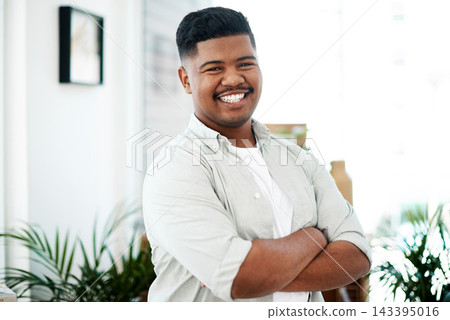 Man, portrait and creative or crossed arms in workplace, smile and happy entrepreneur for startup with company pride. Confident, vision and office with graphic designer, Colombian and male person Man, portrait and creative or crossed arms in workplace, smile and happy entrepreneur for startup with company pride. Confident, vision and office with graphic designer, Colombian and male person 143395016