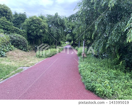 A red promenade surrounded by greenery A red promenade surrounded by greenery 143395019