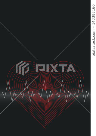 Minimalist geometric red hearts with white heartbeats linework on black background modern retro style vertical template have blank space. Minimalist geometric red hearts with white heartbeats linework on black background modern retro style vertical template have blank space. 143395160
