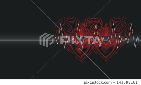 Minimalist geometric two overlapping red hearts with white heartbeats linework on black background modern retro style horizontal template have blank space. 143395161