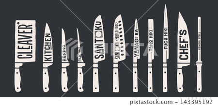 Knife, collection. Fish cutting kitchen knives set Knife, collection. Fish cutting kitchen knives set 143395192