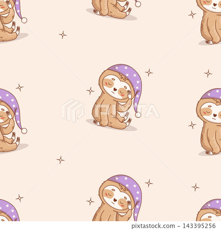 Cute Kawaii Sleepy Sloth in Nightcap Seamless Pattern. Little Animal Character Drowsy and Cozy on Light Beige Background. Vector Illustration. Kids collection for Children Pajamas and Nursery Design. Cute Kawaii Sleepy Sloth in Nightcap Seamless Pattern. Little Animal Character Drowsy and Cozy on Light Beige Background. Vector Illustration. Kids collection for Children Pajamas and Nursery Design. 143395256