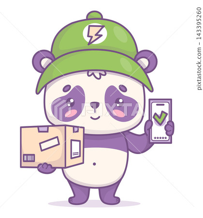 Courier Panda Kawaii with Parcel Box and Phone Showing Green Checkmark and 5 Stars. Cute Funny Delivery Mascot Cartoon Character. Vector Illustration for Order Success, Rating and Review. 143395260