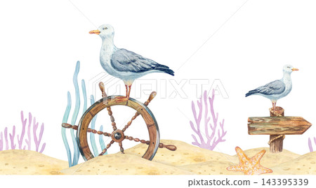 Watercolor nautical seamless border pattern with seagull on steering wheel, signboard arrow, starfish and coral reef. Hand drawn marine illustration isolated on beach sand repeat background ribbon 143395339