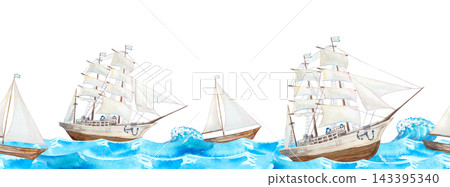 Watercolor nautical seamless border pattern with vintage sailing ships and yachts on blue ocean waves. Hand drawn marine illustration isolated on creative panoramic repeat background ribbon Watercolor nautical seamless border pattern with vintage sailing ships and yachts on blue ocean waves. Hand drawn marine illustration isolated on creative panoramic repeat background ribbon 143395340
