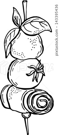 Cheese Pantry Tomato, Basil and Cured Meat Canape Hand Drawn Vector Collection Gourmet Appetizer on Skewer 143395436