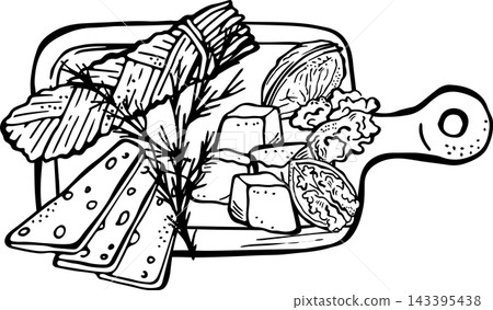 Cheese Pantry Cheese Platter with Braided Cheese, Feta, Gouda, Walnut and Rosemary Hand Drawn Vector Collection 143395438
