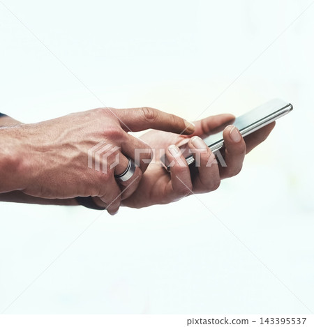 Close up, hands and cellphone isolated by white background for communication and networking. Influencer, technology and social media for research, internet and person by studio backdrop with mockup 143395537
