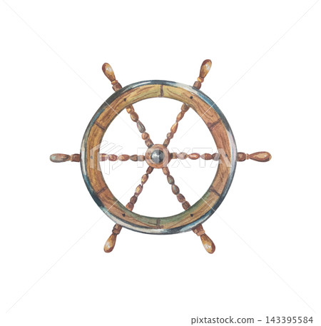 Authentic wooden ship helm steering wheel with rustic texture. Isolated hand drawn watercolor illustration element. Realistic detailed drawing for scandinavian marine print or naval design 143395584