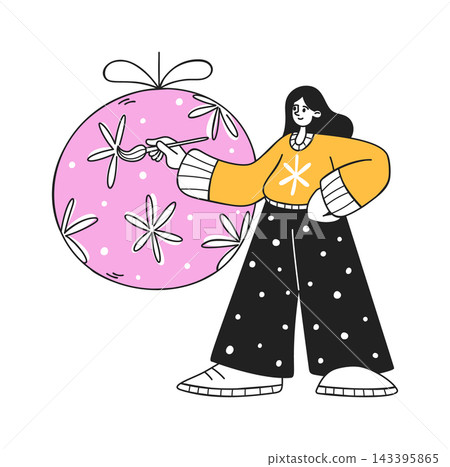 Woman Decorating Christmas Bauble Cartoon Woman Decorating Christmas Bauble Cartoon 143395865