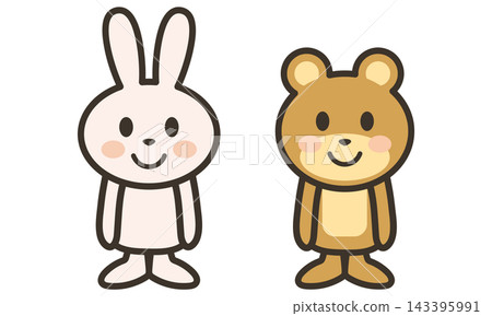 Cute animal character illustrations of a rabbit and a bear standing at attention with smiles on their faces. 143395991