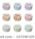 9-color set of round gift boxes with ribbons (3D rendering) 143396109
