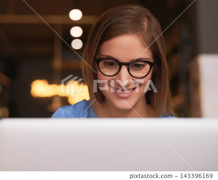 Woman, happy and work with laptop in cafe, freelancer and entrepreneur networking on online website. Smile, reading blog and internet or social media communication, creative businesswoman and tech Woman, happy and work with laptop in cafe, freelancer and entrepreneur networking on online website. Smile, reading blog and internet or social media communication, creative businesswoman and tech 143396169