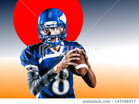 Confident and focused american football player wearing a blue uniform and holding a ball in his hands. No AI Confident and focused american football player wearing a blue uniform and holding a ball in his hands. No AI 143396457