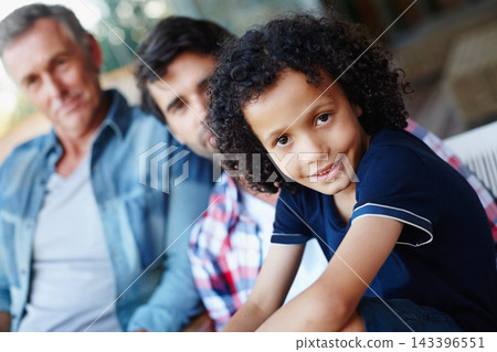 Family, men and smile on portrait in home with bonding, support and care for child development. People, kid and smile in chair for memories, fun and growth as family together for love and trust Family, men and smile on portrait in home with bonding, support and care for child development. People, kid and smile in chair for memories, fun and growth as family together for love and trust 143396551