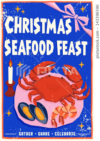 Christmas Seafood Feast Poster with Crab Mussels Shrimp and Candle Christmas Seafood Feast Poster with Crab Mussels Shrimp and Candle 143396590