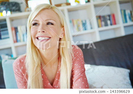 Thinking, woman and relax on couch at house in living room for ideas, decision or choice of books for reading on weekend. Thoughtful, happy and female person for peace on sofa for calm vacation Thinking, woman and relax on couch at house in living room for ideas, decision or choice of books for reading on weekend. Thoughtful, happy and female person for peace on sofa for calm vacation 143396629