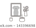 An illustration of a pet memorial service featuring a dog's portrait and flowers. 143396698