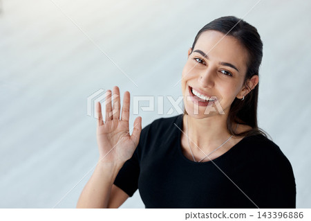 Business, woman and wave portrait in office, greeting and hand gesture and happy smile for meeting. Hello, thank you and employee in workplace for career or work, corporate and interview conversation Business, woman and wave portrait in office, greeting and hand gesture and happy smile for meeting. Hello, thank you and employee in workplace for career or work, corporate and interview conversation 143396886