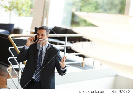 Phone call, building or happy man in business talking for office project, conversation or deal communication. Consultant, smile or financial advisor networking in investment, negotiation or news chat 143397050