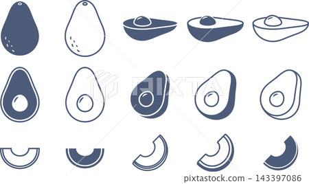 A set of icon materials featuring avocados cut into various shapes. A set of icon materials featuring avocados cut into various shapes. 143397086