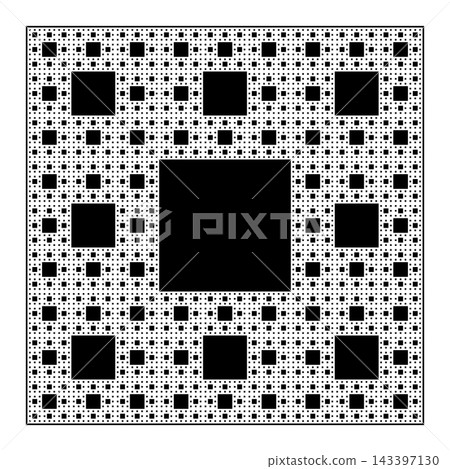Sierpinski carpet, plane fractal, fifth iteration of a square, cut into 9 congruent sub squares, the central one removed, then applied recursively to the remaining 8 sub squares, ad infinitum. Vector Sierpinski carpet, plane fractal, fifth iteration of a square, cut into 9 congruent sub squares, the central one removed, then applied recursively to the remaining 8 sub squares, ad infinitum. Vector 143397130