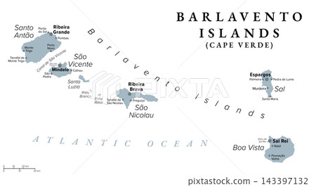 Barlavento Islands, Cape Verde (Cabo Verde), gray political map with capitals and largest settlements. Northern windward group of Cape Verde archipelago in the Atlantic off the coast of Africa. Vector Barlavento Islands, Cape Verde (Cabo Verde), gray political map with capitals and largest settlements. Northern windward group of Cape Verde archipelago in the Atlantic off the coast of Africa. Vector 143397132