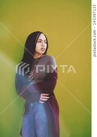 Woman, thinking and designer fashion in outdoor, travel and contemplating style or confidence. Female person, accessories and jewelry for clothes, casual and proud on green background for vacation Woman, thinking and designer fashion in outdoor, travel and contemplating style or confidence. Female person, accessories and jewelry for clothes, casual and proud on green background for vacation 143397133