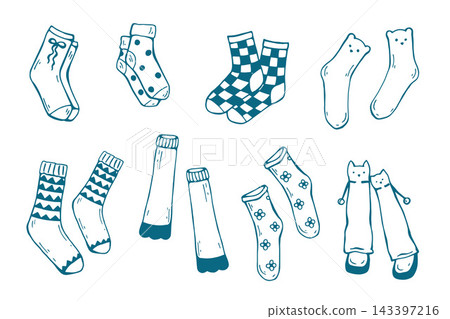 Different warm socks, cozy socks, wool socks Line vector set Different warm socks, cozy socks, wool socks Line vector set 143397216