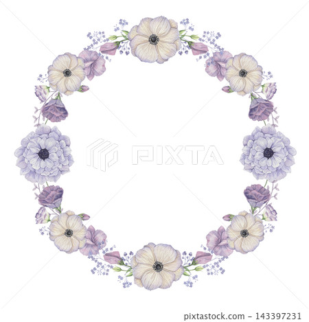 Floral frame, purple flowers decor greeting, hand-drawn watercolor frame Floral frame, purple flowers decor greeting, hand-drawn watercolor frame 143397231