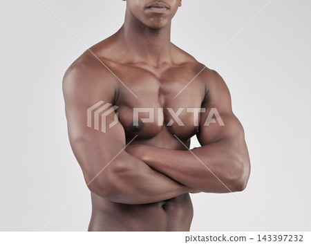 Closeup, fitness or topless man with arms crossed for muscle, strong muscles or chest in studio. Healthy, white background or shirtless bodybuilder ready for workout, training or sports for wellness Closeup, fitness or topless man with arms crossed for muscle, strong muscles or chest in studio. Healthy, white background or shirtless bodybuilder ready for workout, training or sports for wellness 143397232