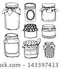 Hand drawn vector set of rustic glass jars for different flavors. Line art illustration for preserving, honey or jam 143397413