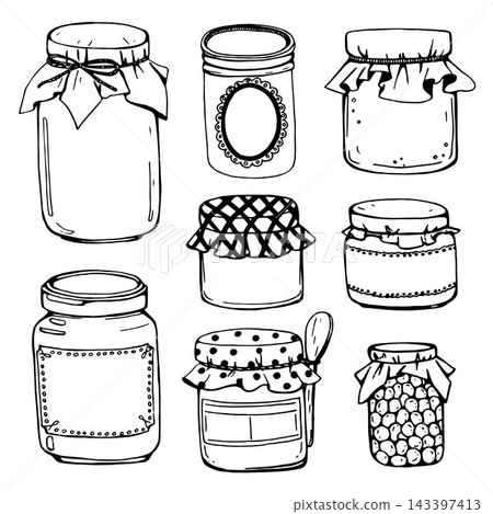 Hand drawn vector set of rustic glass jars for different flavors. Line art illustration for preserving, honey or jam Hand drawn vector set of rustic glass jars for different flavors. Line art illustration for preserving, honey or jam 143397413