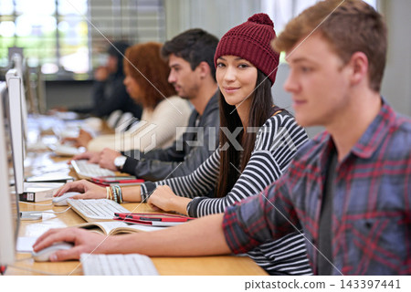 Students, computer and portrait in library for study, education and university quiz with keyboard. People, technology and notes on school campus for college, research and learning with scholarship Students, computer and portrait in library for study, education and university quiz with keyboard. People, technology and notes on school campus for college, research and learning with scholarship 143397441