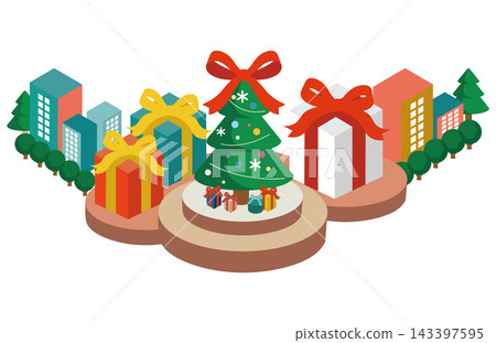 Christmas tree, presents, cityscape, isometric illustration, background, no people, winter, design, material. 143397595