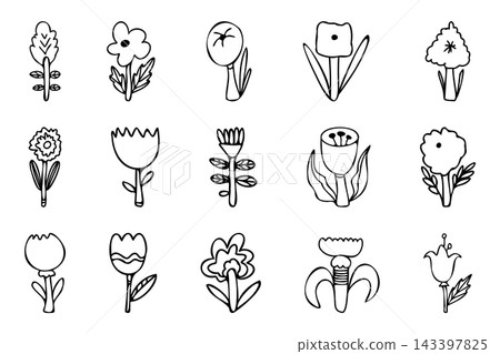 Vector hand-drawn floral set with playful flowers, leaves and botanical doodles. Vector hand-drawn floral set with playful flowers, leaves and botanical doodles. 143397825