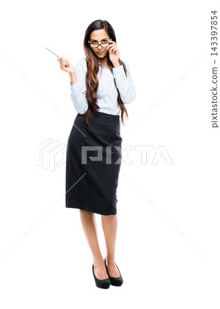 Studio, portrait and woman with glasses for business fashion, receptionist and confident on white background. Office style, administration and female secretary with pen for corporate or formal wear Studio, portrait and woman with glasses for business fashion, receptionist and confident on white background. Office style, administration and female secretary with pen for corporate or formal wear 143397854
