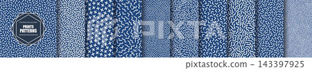 Collection of blue seamless patterns. Trendy retro style 80-90s. Vector fashion backgrounds for print, textile, cover, wallpaper or web design 143397925