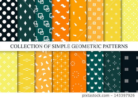 Collection of bright seamless geometric minimalistic patterns. Color repeatable simple backgrounds with symbols. Unusual fabric prints Collection of bright seamless geometric minimalistic patterns. Color repeatable simple backgrounds with symbols. Unusual fabric prints 143397926