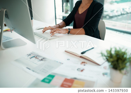 Business woman, computer and documents in office for work, typing or planning with notebook. Project manager, technology and paperwork in workplace for administration, kpi and management with company Business woman, computer and documents in office for work, typing or planning with notebook. Project manager, technology and paperwork in workplace for administration, kpi and management with company 143397930