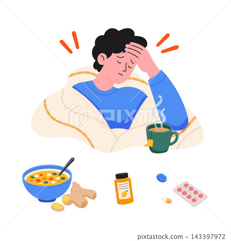 Sick man with tissue and flu symptoms under blanket flat design digital asset for healthcare education and wellness Sick man with tissue and flu symptoms under blanket flat design digital asset for healthcare education and wellness 143397972