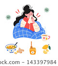 Sick woman with tissue and flu symptoms under blanket, set for healthcare education and wellness 143397984
