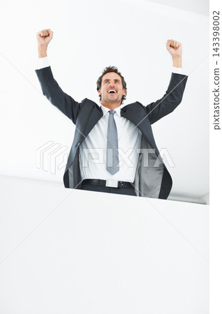 Businessman, happy and cheer in office with success or pride for company victory or corporate win. Employee, mockup space and person with bright future for job with yes, experienced and manager. Businessman, happy and cheer in office with success or pride for company victory or corporate win. Employee, mockup space and person with bright future for job with yes, experienced and manager. 143398002