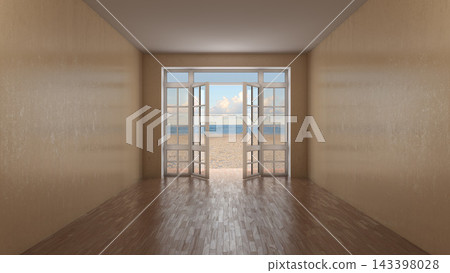 Empty Coastal Room with Open French Doors and Beach View 143398028
